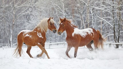 Horses Engaging in Snowy Play