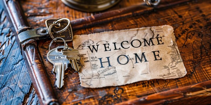 A note saying Welcome Home and a set of keys placed on a simplistic table in a basic room.