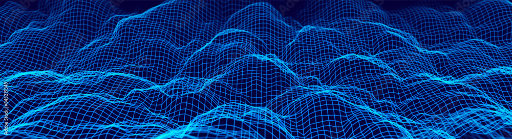Poster colorful blue sound wave ripple digital equalizer design. big data audio visualization. digital wate