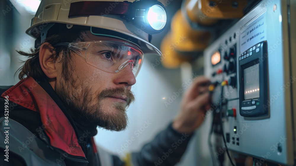 Fototapete an electrician using the light from his headlamp to inspect a white control panel on a wall, providi