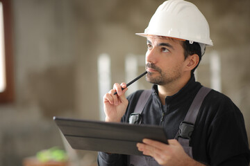 Pensive construction worker holding tablet