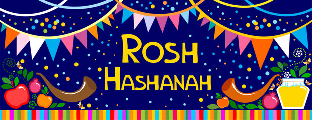 Rosh hashanah (jewish New Year holiday) concept. Traditional symbols. Template for postcard or invitation card, poster, banner. Horizont banner. Greeting, invitation card or flyer. Vector illustration