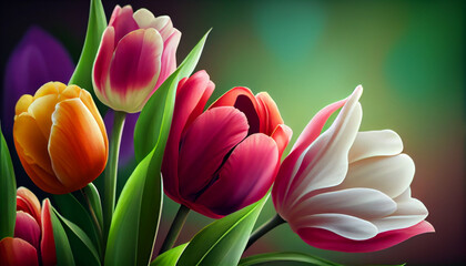 Spring tulip bouquet on blurred bokeh background, isolated flowers. Bright colourful composition. Generative AI