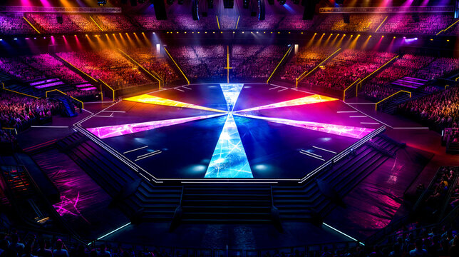 Brightly lit arena with stairs leading up to the center of the arena.