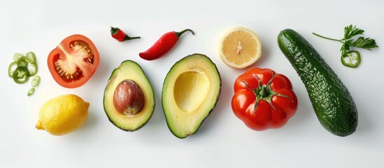 Naklejka premium Innovative arrangement featuring avocado, onion, tomatoes, pepper, and lemon in a flat lay presentation. Showcasing a food concept with vibrant vegetables set against a clean white backdrop.