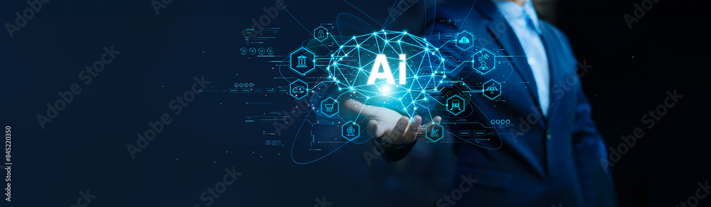 Poster Businessman Holding the brain working of Artificial Intelligence (AI), Future of businesses and organizations global is powered by AI smart, Analyze data and synchronize on network connection.