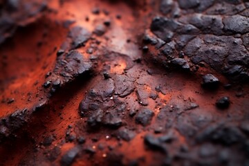 Close-up of textured Martian soil, red hues, soft light, macro lens