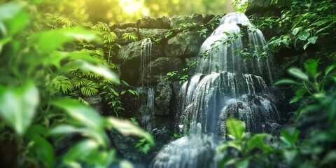 rain drops, Jungle Waterfall Serene blurred background image of a waterfall cascading down a cliff in the jungle, surrounded by vibrant green plants and trees. 