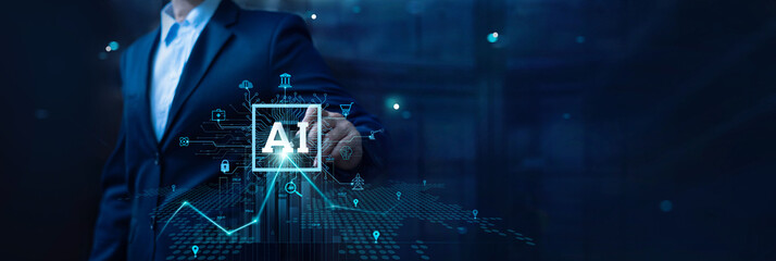 Businessman analyze market and business growth data through AI systems. Learning about the...