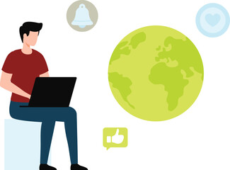 The boy is working online on laptop.