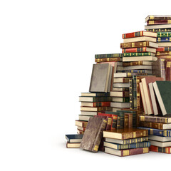 3d render of big pile of colorful books on the right side, isolated on a white background.