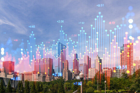 A cityscape with digital financial graph overlay, concept of business and technology in an urban setting. Double exposure