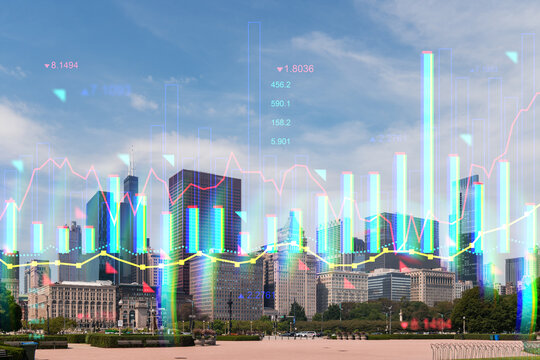 Chicago skyline merged with colorful holographic financial graphs, against blue sky background. Future of technology and finance concept. Double exposure