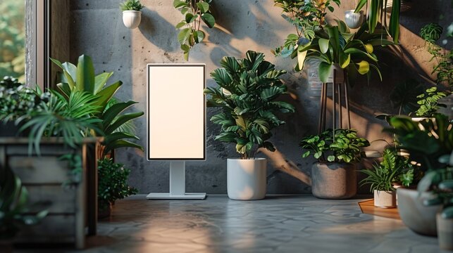 Outdoor white stand mockup featuring a touch screen kiosk with a realistic 3D display, perfect for user accessibility and displaying digital information in a modern and stylish manner.