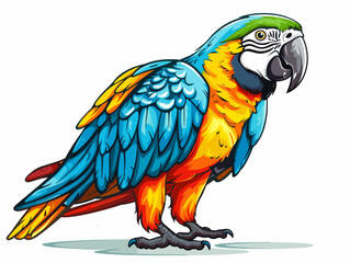 Fototapeta premium A colorful parrot is perched on a white background. The bird's vibrant colors and its pose create a lively and cheerful atmosphere