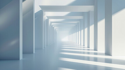 Long white corridor with abundant natural light streaming through large windows, creating a bright and expansive space.