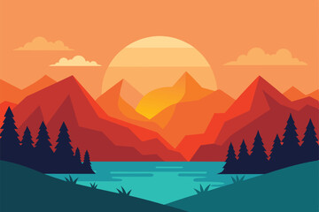 Beautiful vector landscape illustration, peaceful warm sunrise over mountains, lake and forest. The concept of travel, hiking, outdoor activities and adventure vector illustration