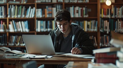 A Caucasian student conducts academic research in a contemporary library, utilizing a laptop and surrounded by educational resources, dedicated to learning in a university environment.