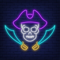 Neon pirate skull brick wall background