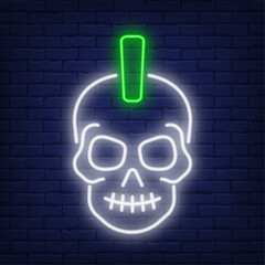 Neon punk skull with mohawk blue brick wall background