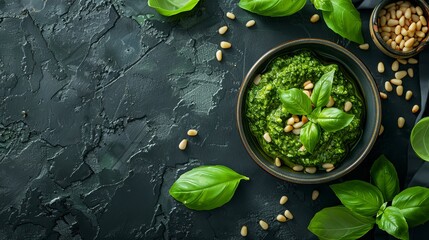 A beautifully presented bowl of pesto, with basil leaves and pine nuts decoratively placed around it, top view, isolated background, studio lighting