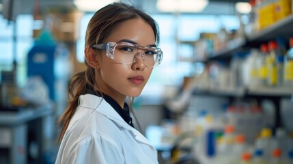 young caucasian woman scientist in white coat and glasses in the laboratory, perfumer, laboratory assistant