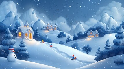 A delightful cartoon winter wonderland with snow-covered trees, cute snowmen, and children sledding down hills with glee, Generative AI