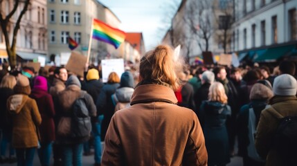 Solo protester with a poignant LGBTQ rights sign, crowd in soft focus behind