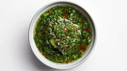 A bowl of Chimichurri, highlighting its fresh and tangy ingredients, top view, isolated on a plain white background, sharp studio lighting