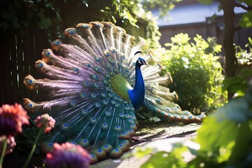 Obraz premium Wide shot of a peacock in a lush garden, feathers fanned, midday sunlight