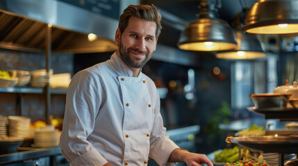 Confident Male Chef Promotion Shot, Professional Environment, Diverse Workforce, Corporate Photography, Team Collaboration, Engaged Employees, Authentic Work Settings.