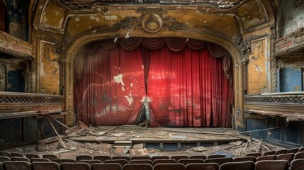 A decaying theater stage with torn curtains and broken seats, remnants of past performances scattered around, evoking a sense of forgotten grandeur