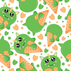 seamless pattern with cones with green ice cream and animal print, namely dragon face and waffle cone, for design, packaging or advertising