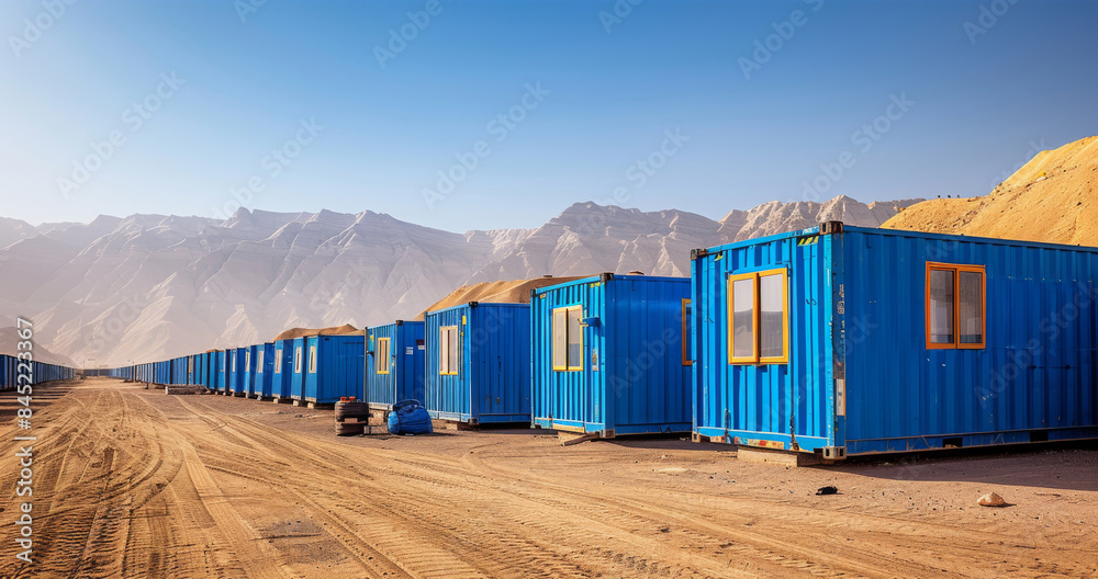 Wall mural expansive of labors accommodation camp with blue color paint 40 feet container cabins in array and s - Wall murals