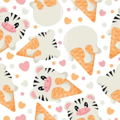 Fotobehang Naadloze herfst seamless pattern with cones with ice cream and animal print, namely zebra face and waffle cone, for design, packaging or advertising  © Ольга Бабич