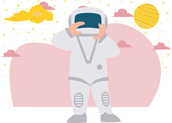 The astronaut adjusting his astronaut helmet.