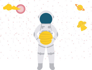 The astronaut is looking at the different planets.