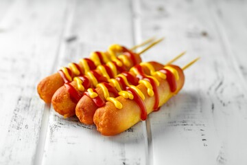 Rustic presentation of corn dogs with mustard and ketchup on a white board - Powered by Adobe