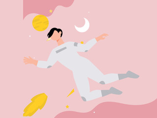 The space boy is floating.