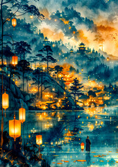 Painting of night scene with lanterns in the sky over lake.