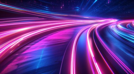 Highway road with neon light trails at night, long exposure, speed effect