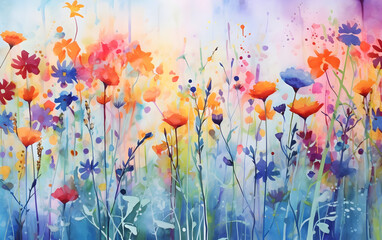 Watercolor illustration of a meadow with vibrant abstract flowers
