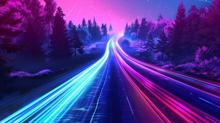 Highway road with neon light trails at night, long exposure, speed effect
