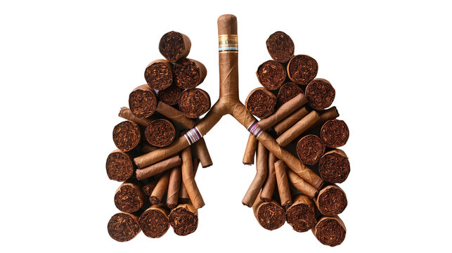 Lungs made of cigarettes and tompus on white isolated transparent background