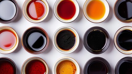 Array of soy sauce in different containers, top view, each with unique reflections, isolated on a bright white background, studio lighting