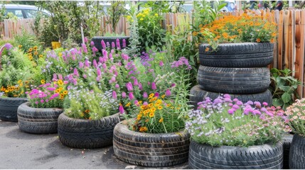 Naklejka premium Artistic garden using repurposed tires as planters, filled with colorful flowers, eco-friendly and vibrant