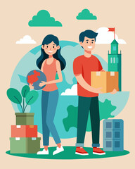 A young couple packs up their belongings and heads to a new country where they have heard there are more job opportunities and a higher standard of living.. Vector illustration