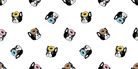 dog seamless pattern french bulldog donut head face vector cartoon puppy pet bakery bake food doodle gift wrapping paper tile background repeat wallpaper illustration scarf isolated design