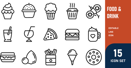 Food & Drink related concept  such as Hamburger, pizza, salad  & many more editable stroke outline icons isolated on white background flat vector illustration
