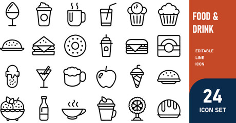 Food & Drink related concept  such as Hamburger, pizza, salad  & many more editable stroke outline icons isolated on white background flat vector illustration